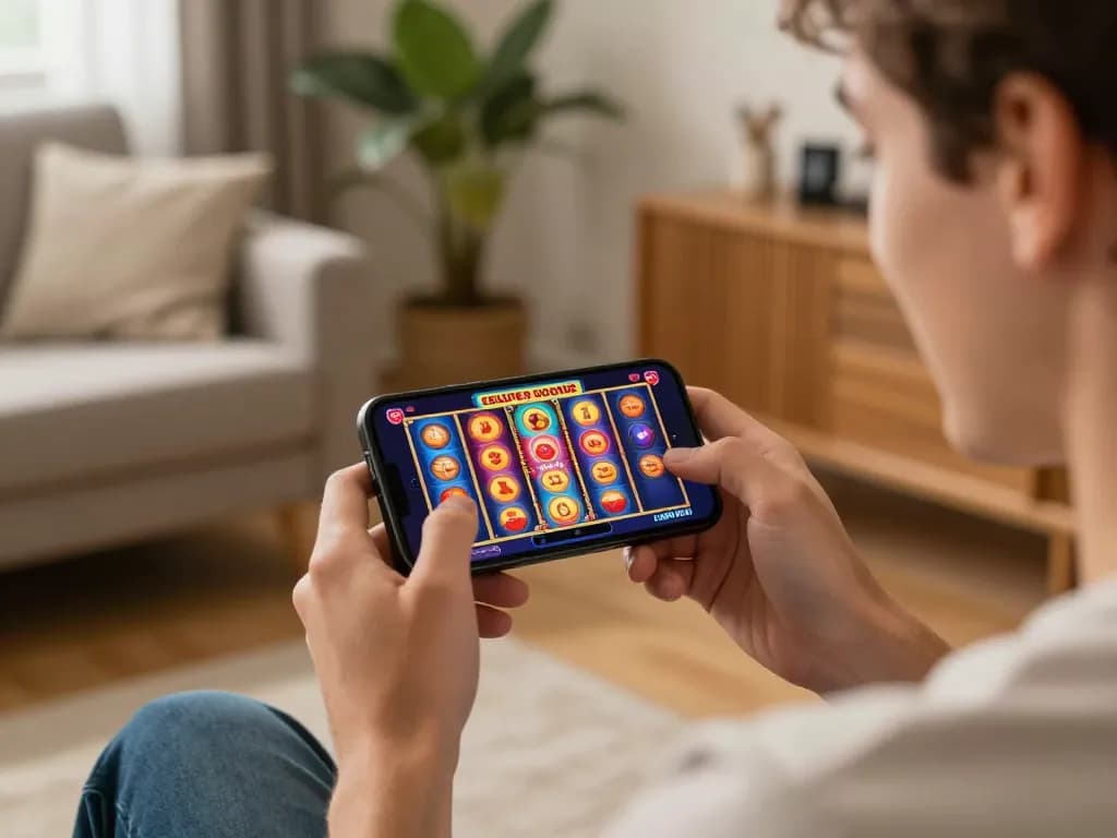 Player enjoying LGOSUPER mobile slots, showcasing enthusiasm with colorful spinning reels in a cozy home.