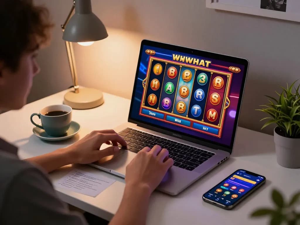 Engaged gamer playing slot88 resmi online slot game on a laptop with vibrant graphics visible on screen.