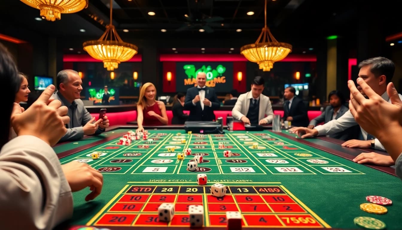 Engaging Sicbo gameplay with players placing bets on Luật Chơi Sicbo at a vibrant casino table.