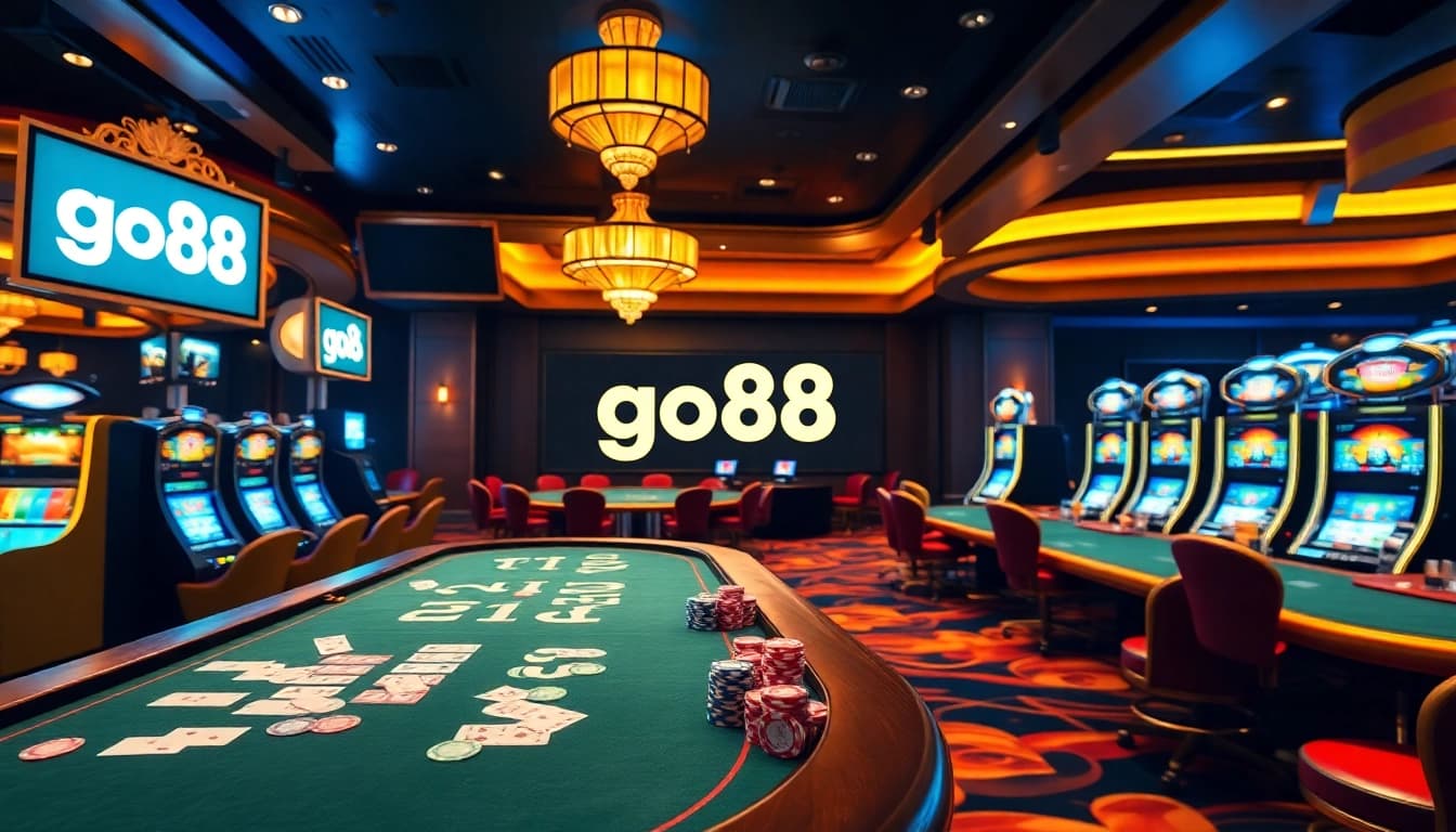 Experience the thrill of go88 casino gaming with vibrant tables, glowing machines, and poker action.