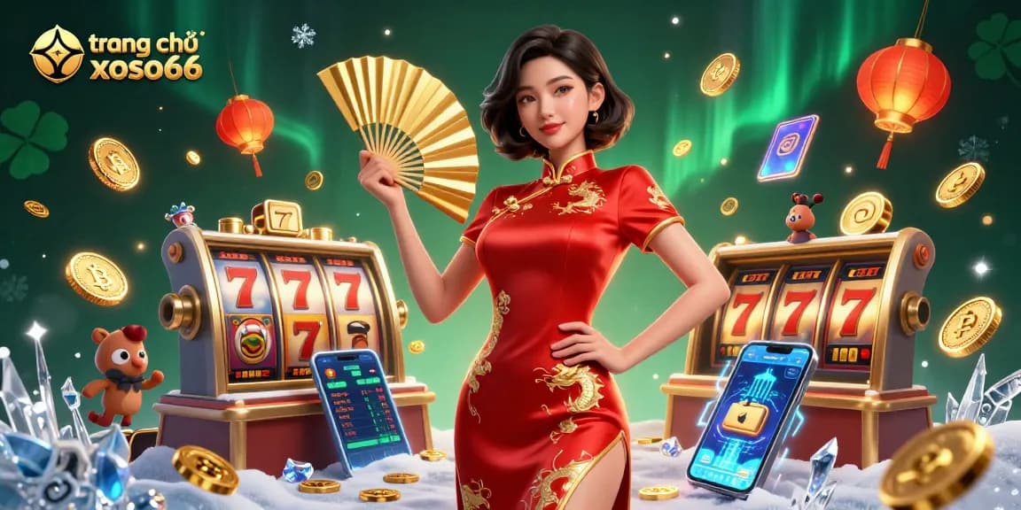 Experience thrilling gaming at trang chủ xoso66 with an elegant Asian woman amid slot machine excitement.