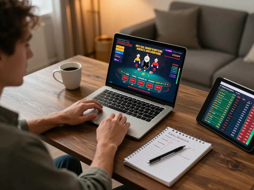 Engaging player at home with laptop displaying casino gaming while exploring ทางเข้า m104 for better odds.