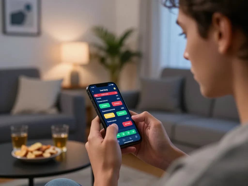Soi Kèo online sports betting action with a smartphone displaying live odds in a cozy setting