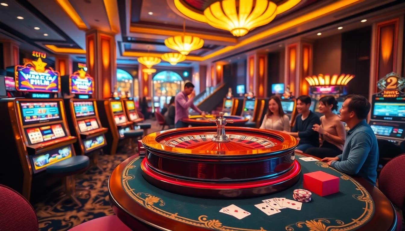 Nổ Hũ Đổi Thưởng game atmosphere in a luxurious casino with players engaging at bright slot machines.