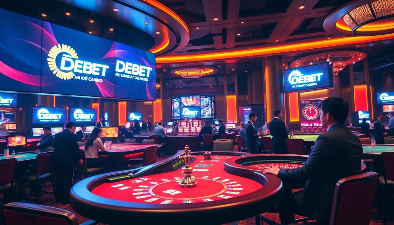 Engaging scene of gamblers enjoying various games at Nhà Cái DEBET casino, highlighting excitement and luxury.