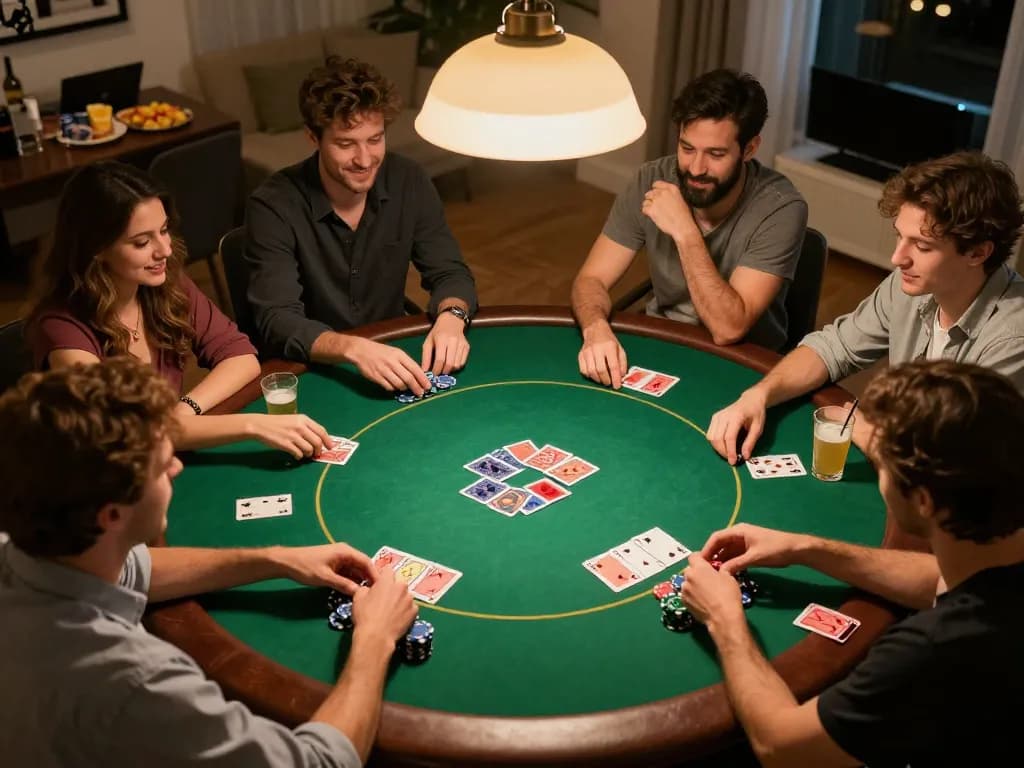Friends enjoying a poker game night at home, highlighting rikvip gaming atmosphere.
