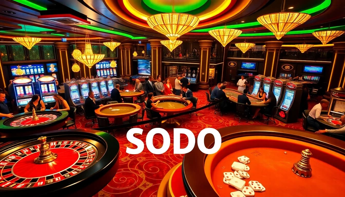 SODO casino gaming scene with players at poker tables and vibrant slot machines.