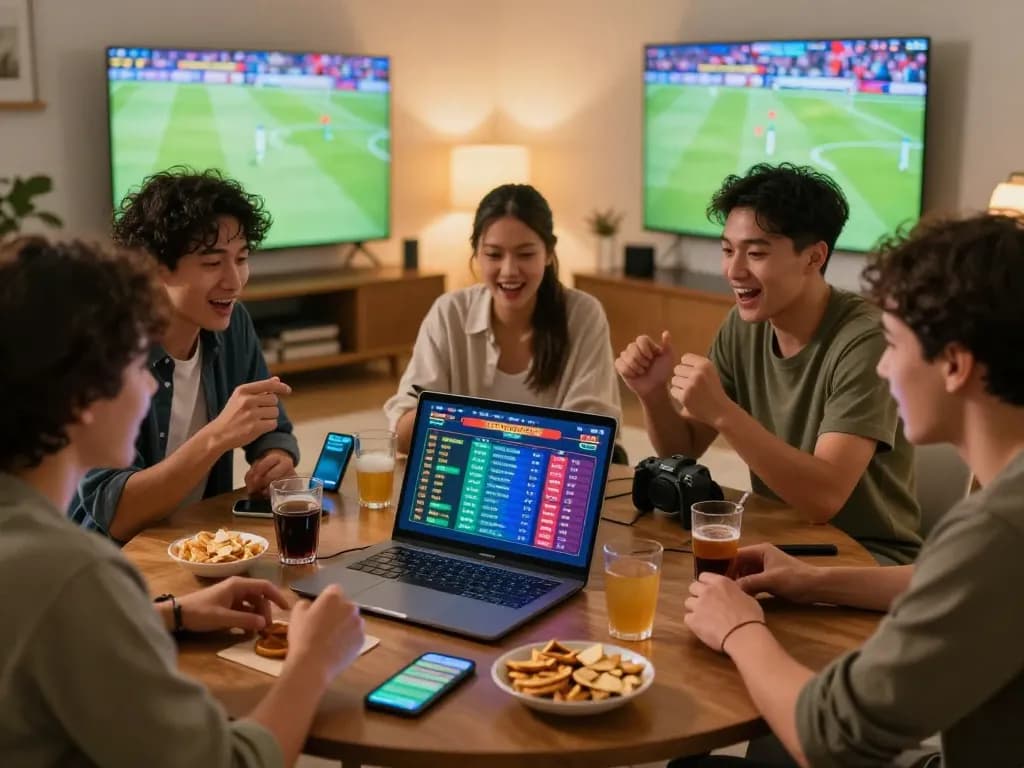 Friends discussing strategies for Judi Bola betting around a laptop in a cozy living room.