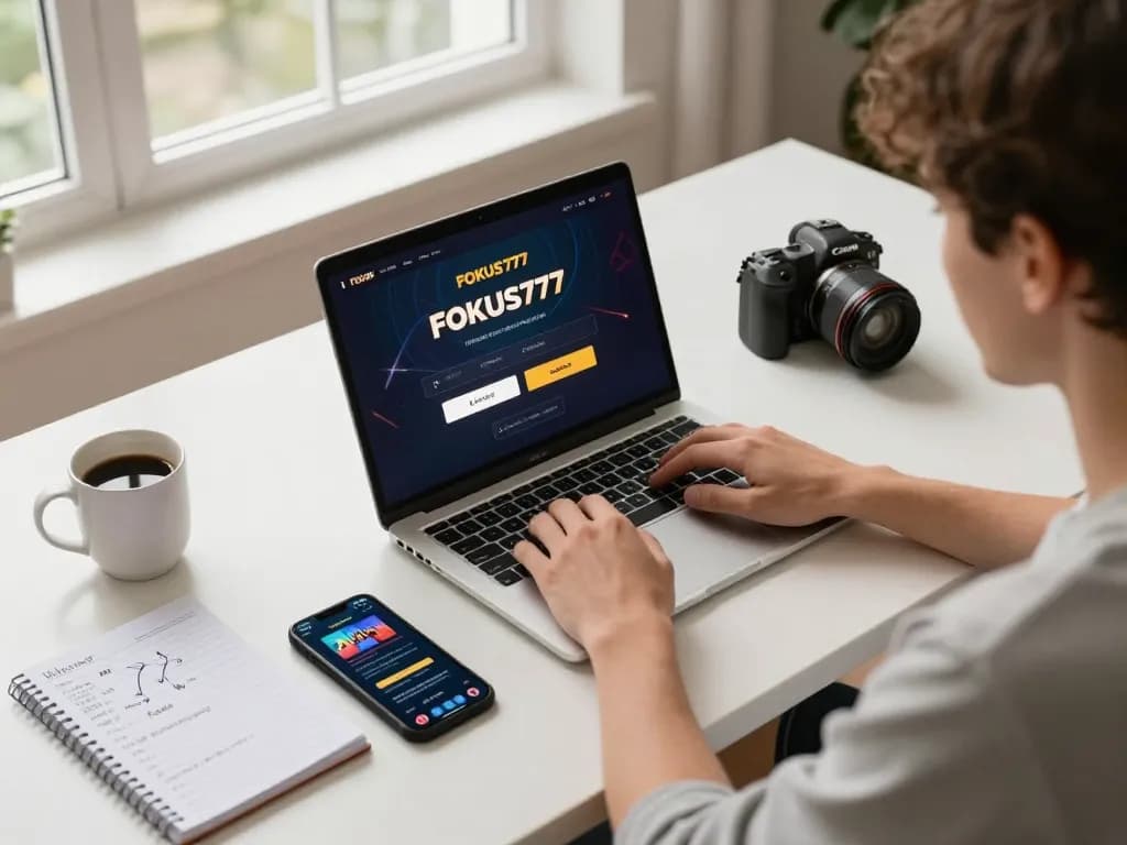 Engaged user implementing FOKUS777 login on a laptop while following strategic gaming notes, showcasing responsible online gambling.