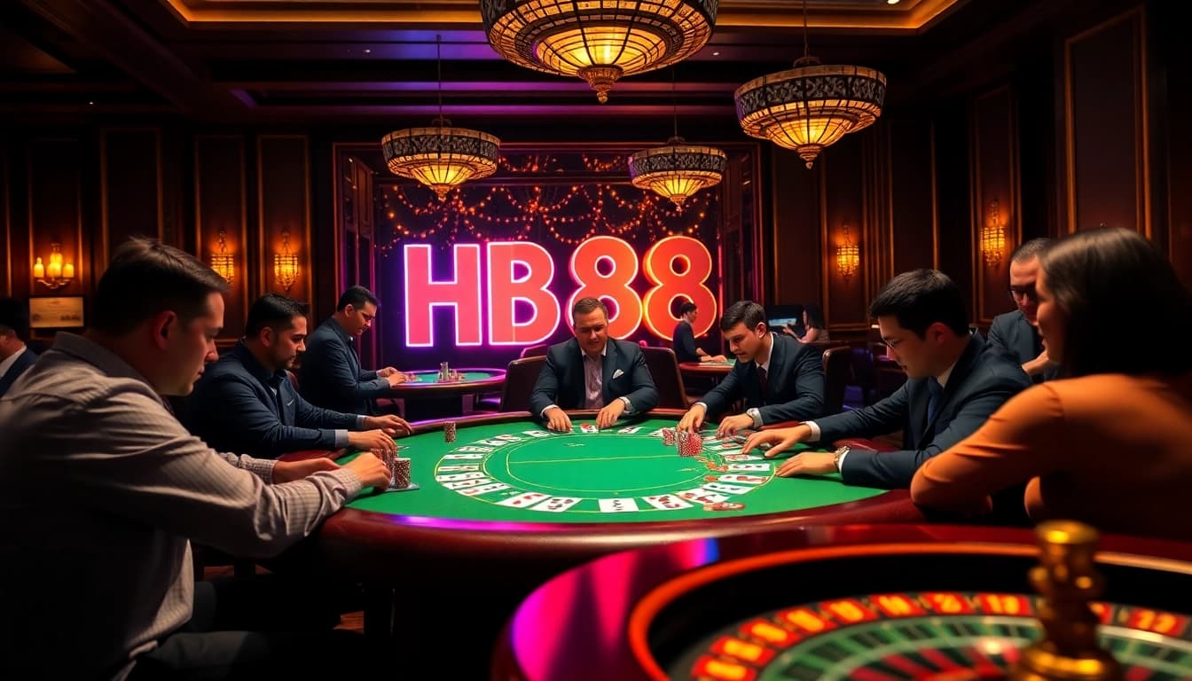 Players enjoying various games at HB88 casino, showcasing excitement in a vibrant atmosphere.