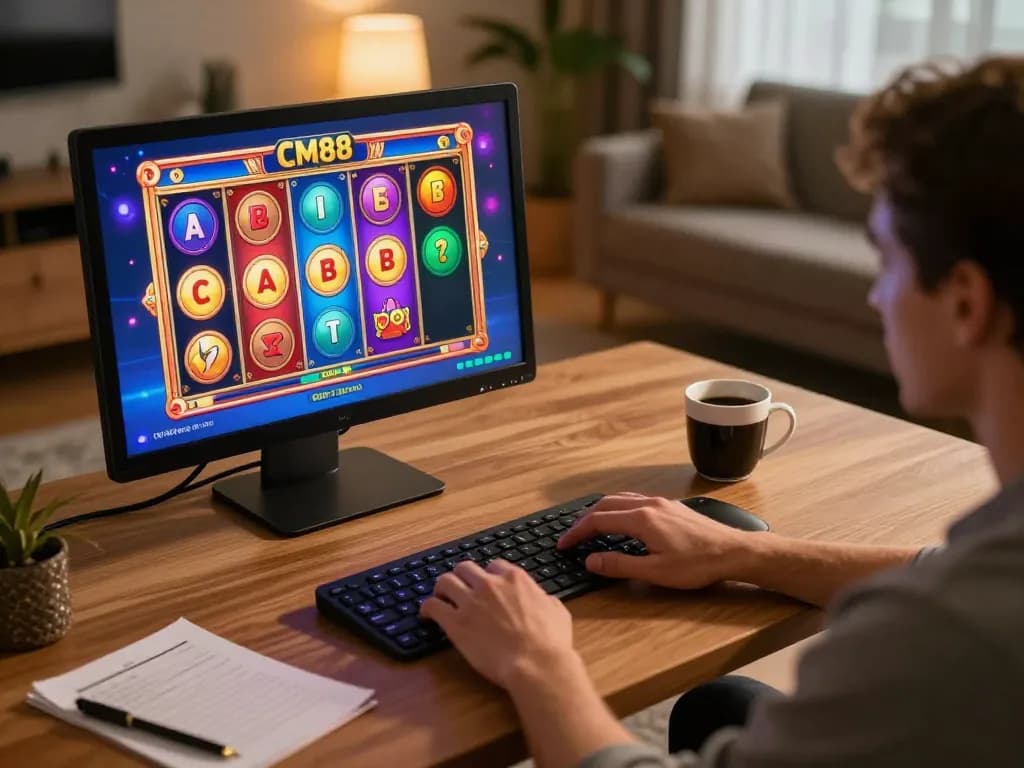 Experience thrilling CM88 online gaming with vibrant slot action on laptop at cozy home desk