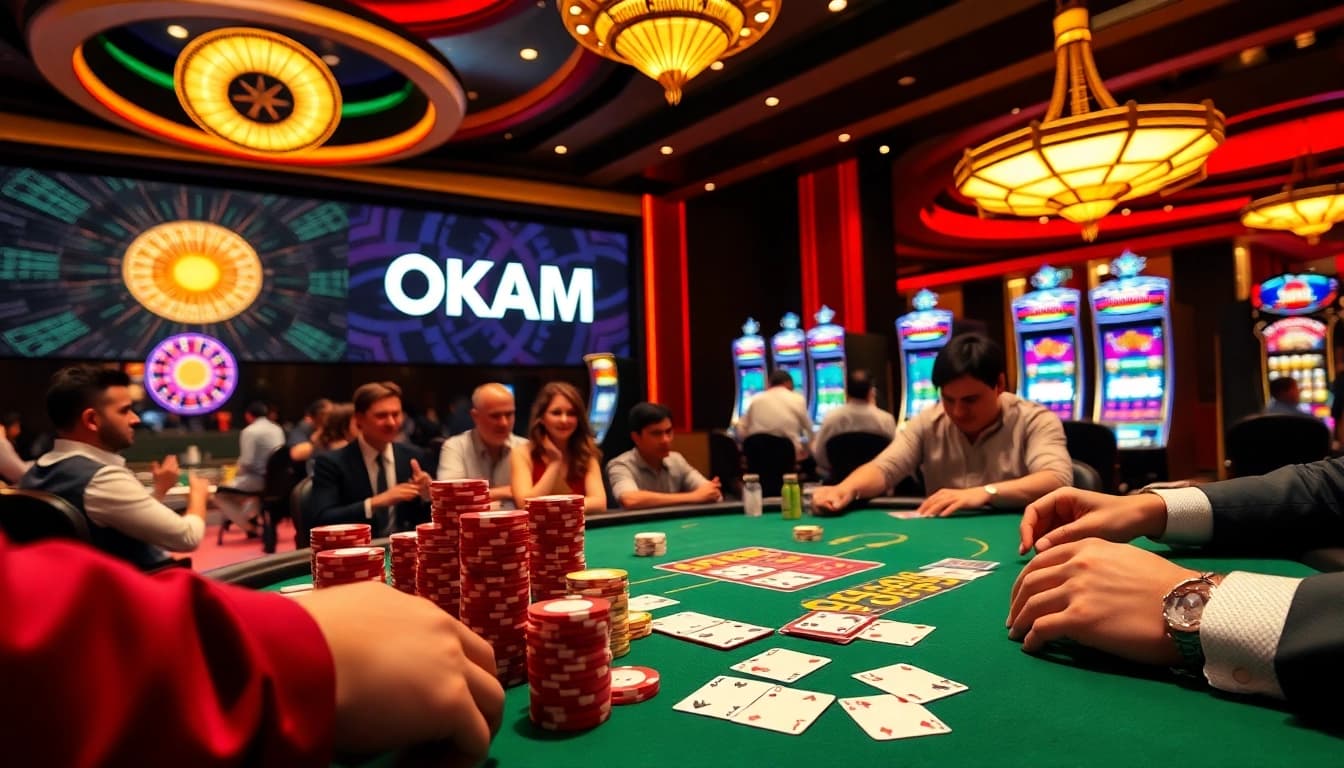 Experience the excitement of online gambling with OKATM, featuring vibrant casino tables and colorful chips.