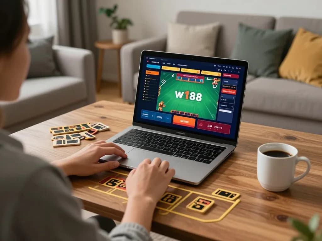Play w188 online casino games with a modern setup in a cozy living room environment.