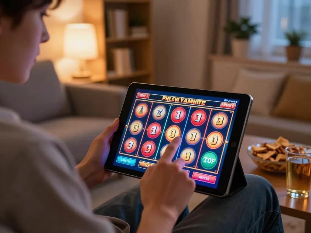 Player enjoying online slot gaming at home, highlighting nhà cái uy tín in a cozy setting.