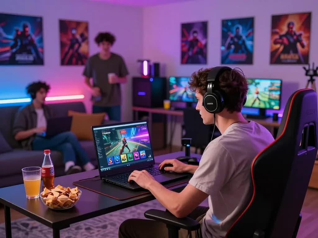 A young man engaging with the 79KING gaming platform in a vibrant living room environment, enjoying an online gaming session.