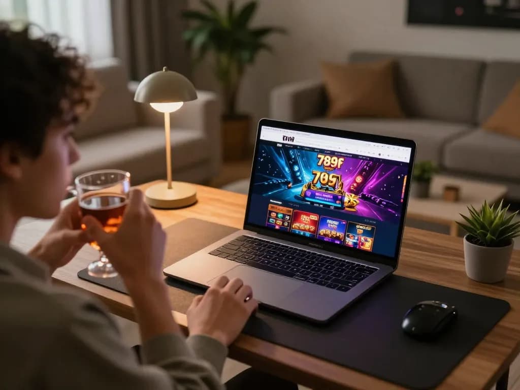 Engaging with online casino games at 789f in a cozy home setup, showcasing lively graphics and gameplay.