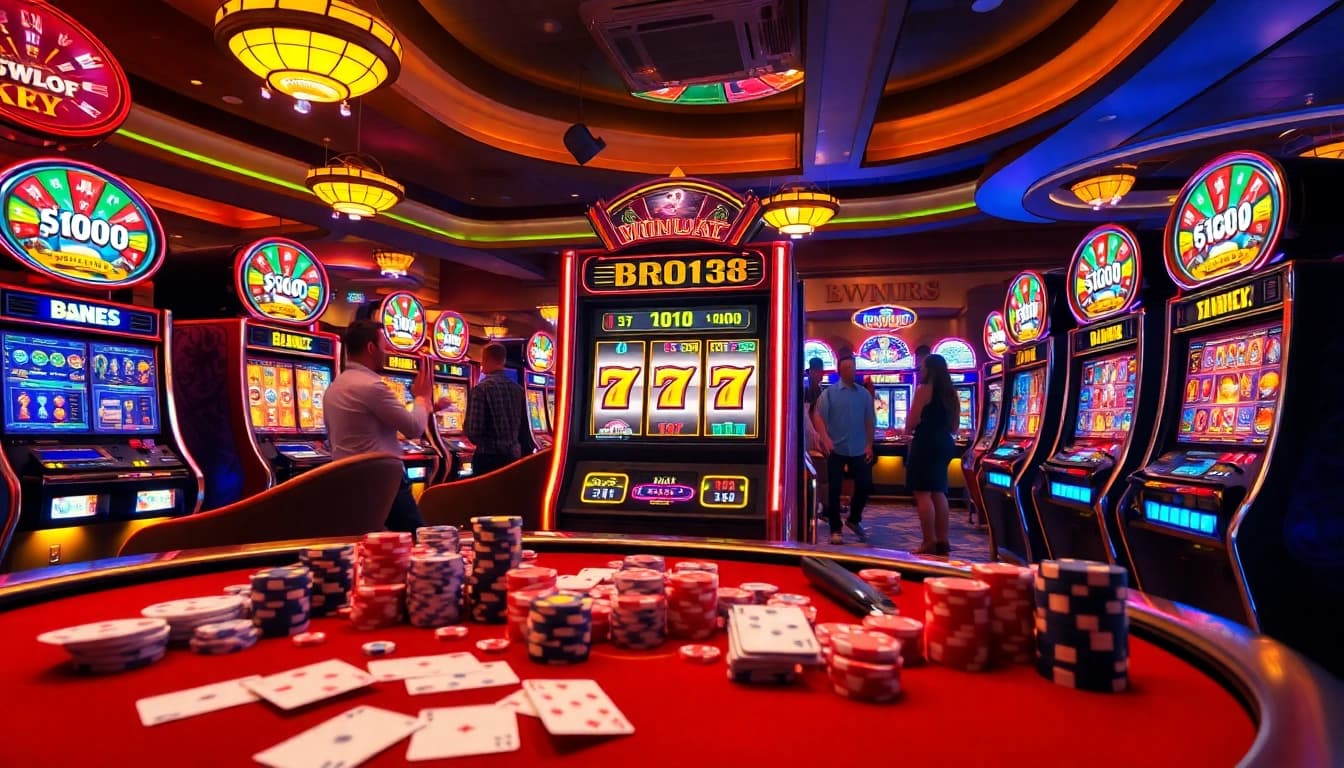 Experience the thrill of BRO138 slot with vibrant machines and excited players in a luxurious casino.