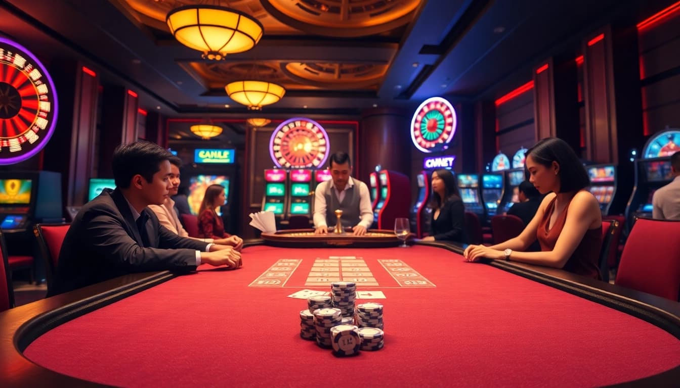 Gambling scene illustrating Giải mã giấc mơ with luxurious poker tables and vibrant slot machines.