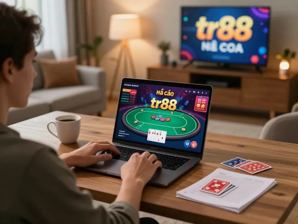 Players enjoy online poker at nhà cái tr88, as they strategize with notes and drinks nearby.
