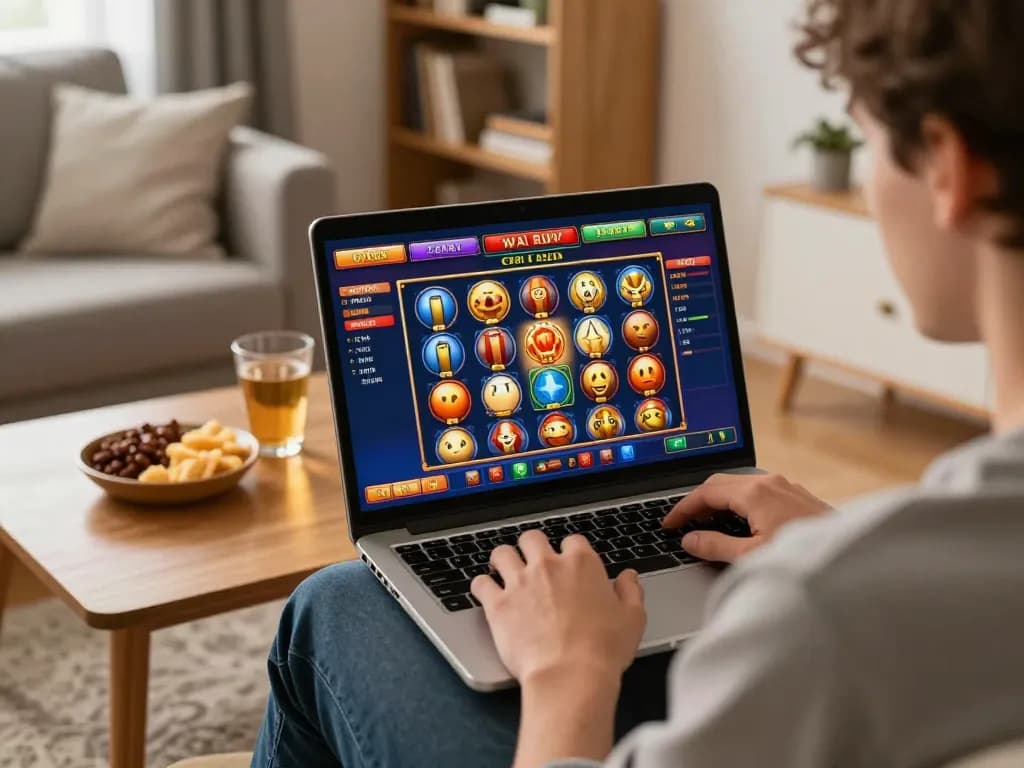 Engaging with sun win online slots on laptop in a cozy living room setting, showcasing dynamic gaming