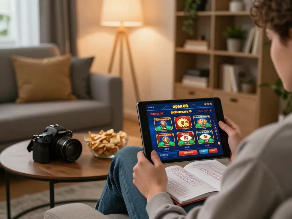 Engaged player using open 88 casino app on tablet in a cozy home environment, showcasing comfortable online gaming settings.