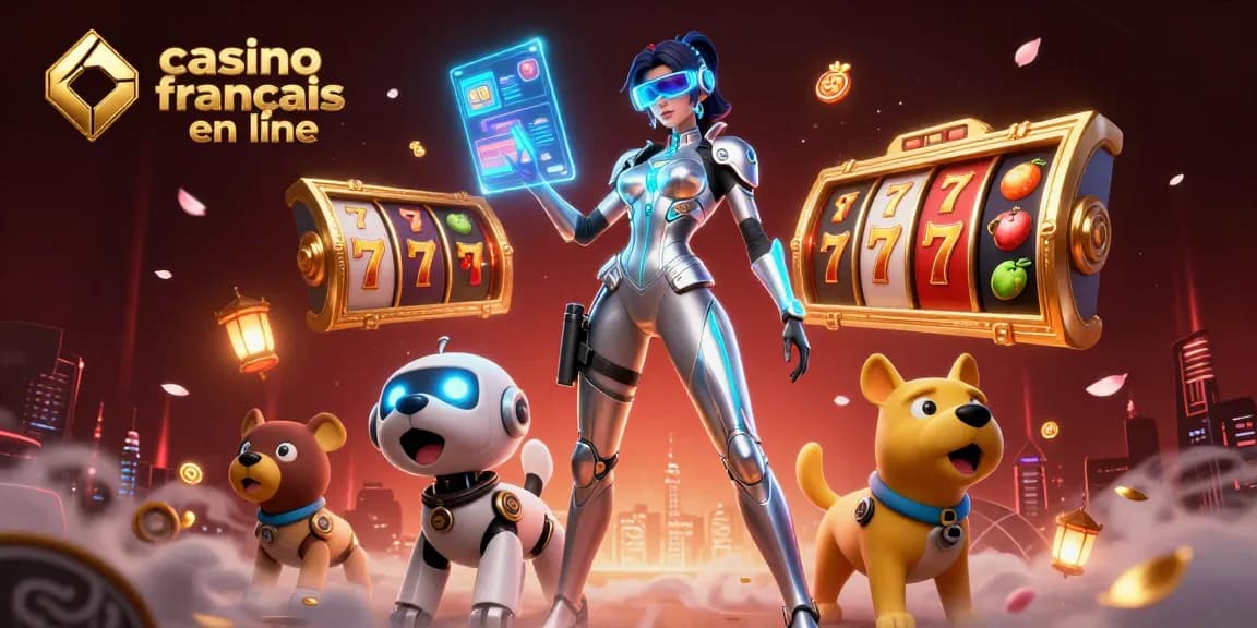 Vivez l'excitation au casino francais en ligne avec une magnifique œuvre d'art numérique de casino en 3D illustrant des jeux de machines à sous et des personnages vibrants.