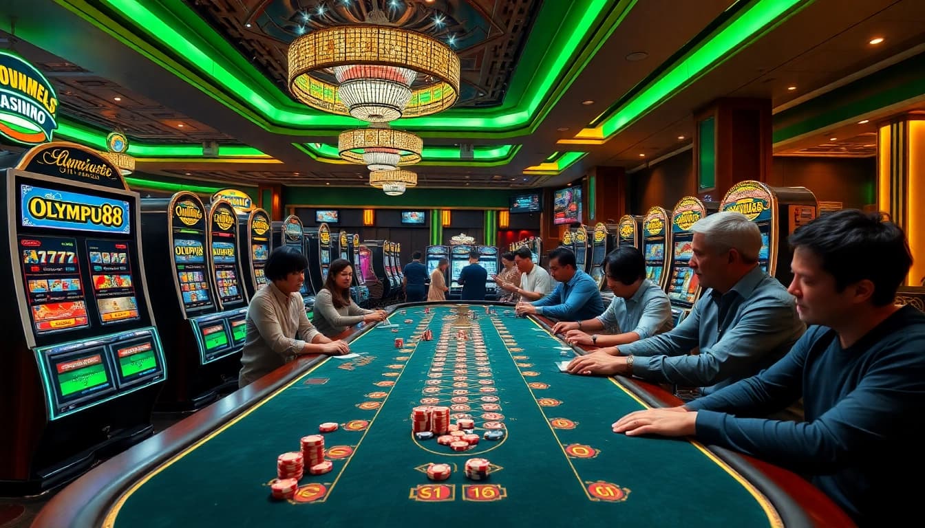Players experiencing high-stakes excitement at OLYMPUS88 slot machines in a luxurious casino scene.
