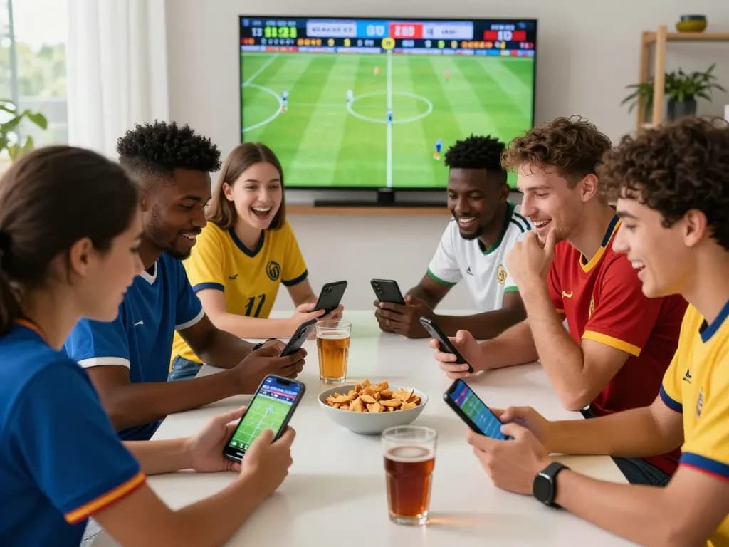 Friends enjoying a lively sports betting session on keonhacai while watching live football.