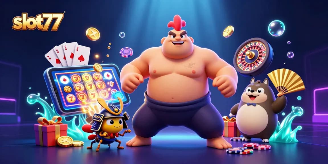 Engage in exciting gameplay with slot77 as a sumo rooster, fierce cricket, and a tanuki announcer illustrate fun.