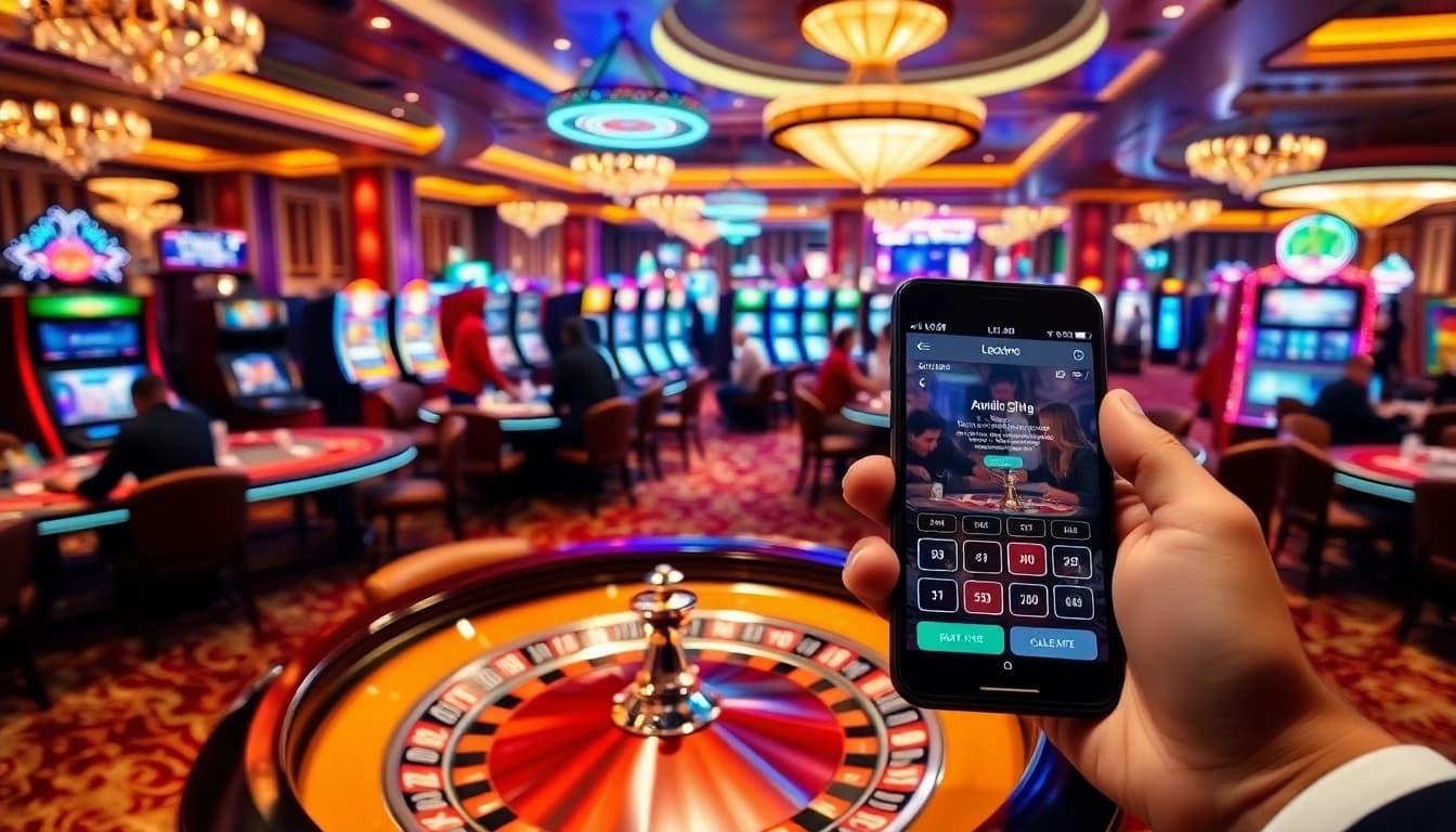 Players enjoying thrilling games at lc88 casino with vibrant slots and a roulette wheel.