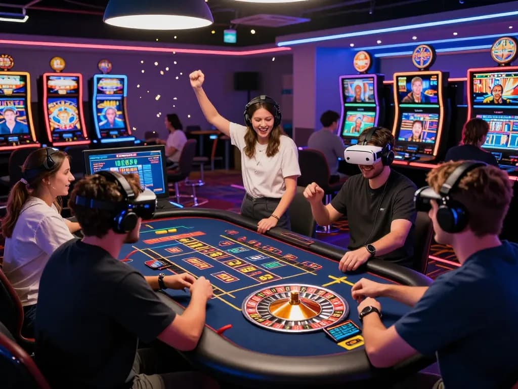 Exciting gaming experience at https://luckywin.free/ featuring players at a digital casino table celebrating wins.