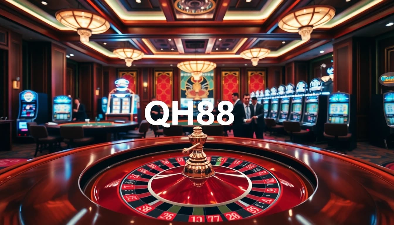 Experience the thrill of QH88 casino with vibrant poker chips and an inviting roulette table.
