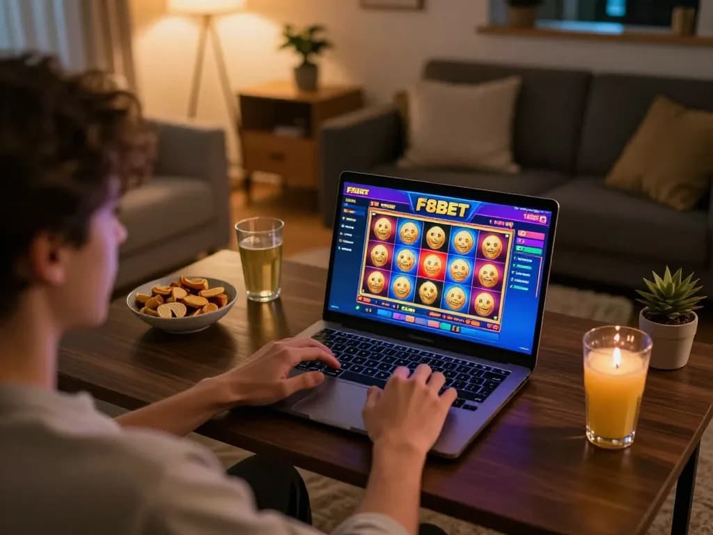 Engaged player enjoying a slot game on F8BET with colorful reels and snacks nearby