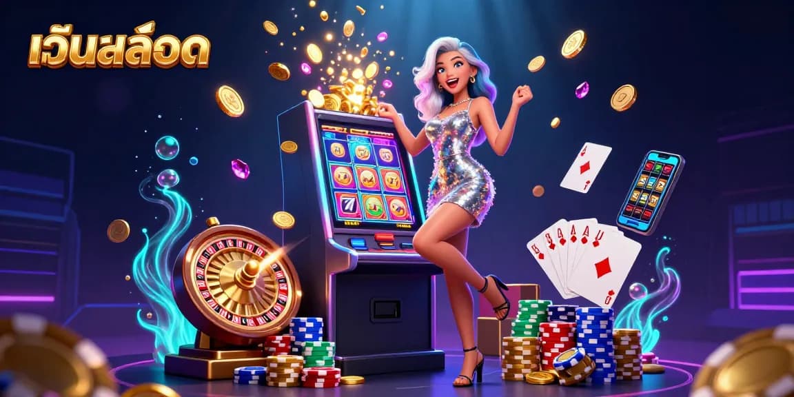 Spin the เว็บสล็อต jackpot with a glamorous Asian woman celebrating big wins amidst cascading coins and vibrant casino elements.