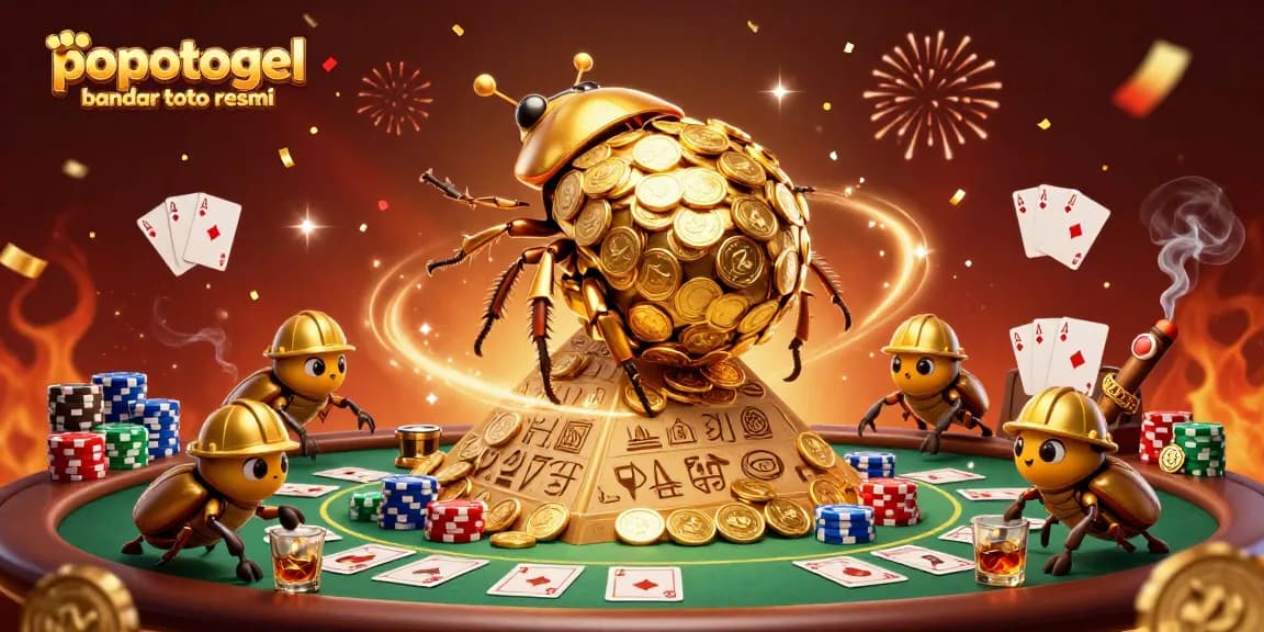 Experience excitement at popotogel bandar toto resmi with dynamic golden beetles rolling coins in a vibrant casino scene.