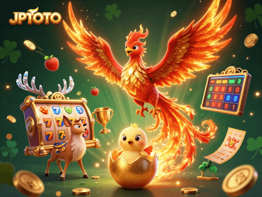 Experience the excitement of winning at JPTOTO with dynamic slot reels and a vivid 3D phoenix illustration.