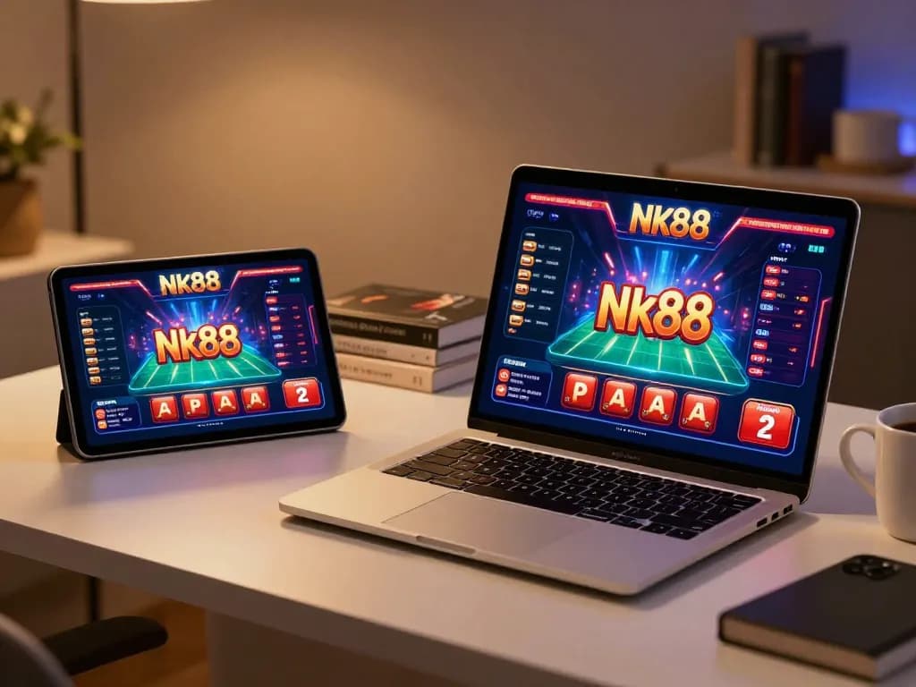 Engaging player using nk88 gaming app on laptop and tablet, showcasing a stylish home setup.