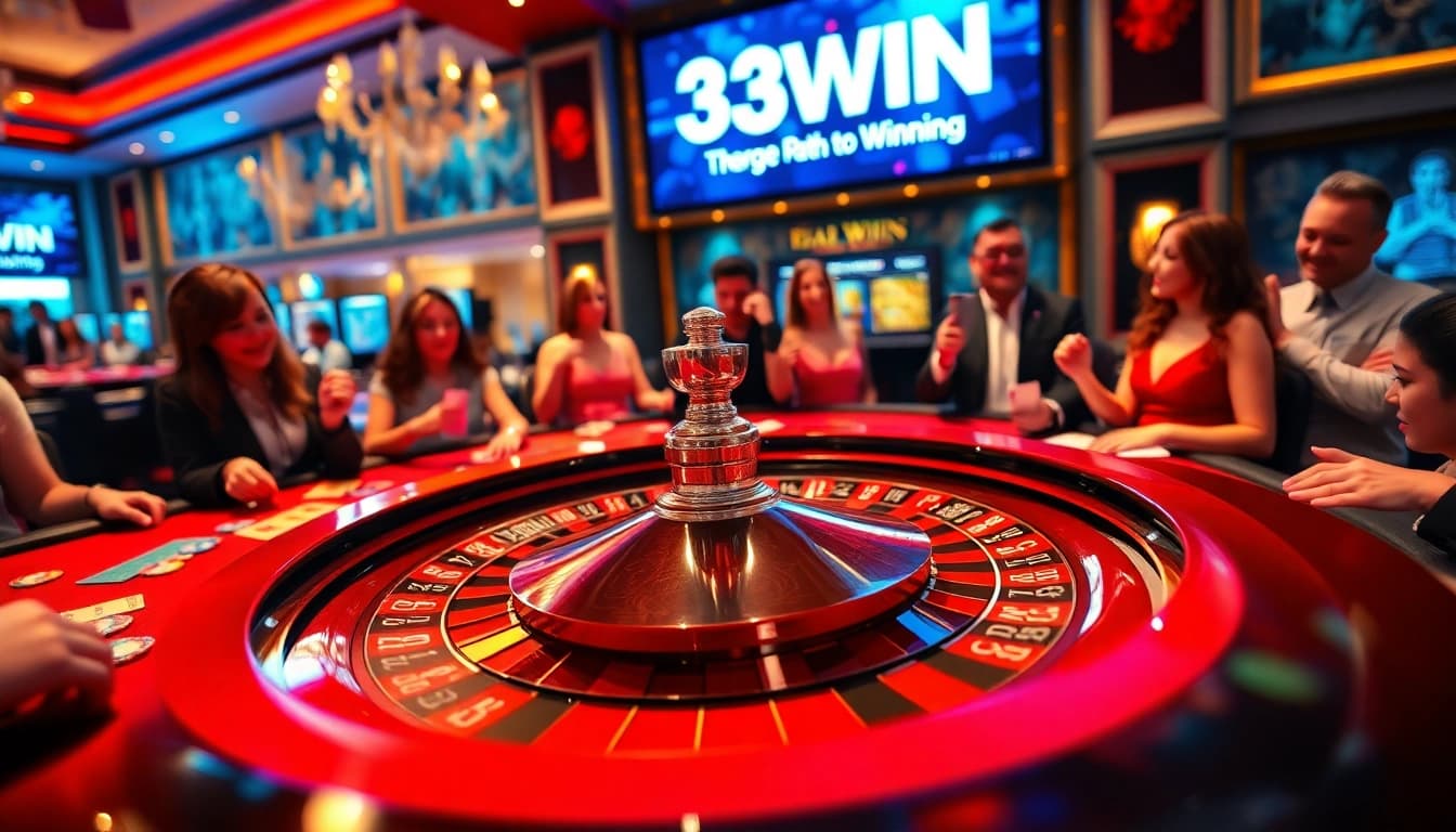 Experience the thrill of 33WIN as players bet on a vibrant roulette wheel in a luxurious casino atmosphere.