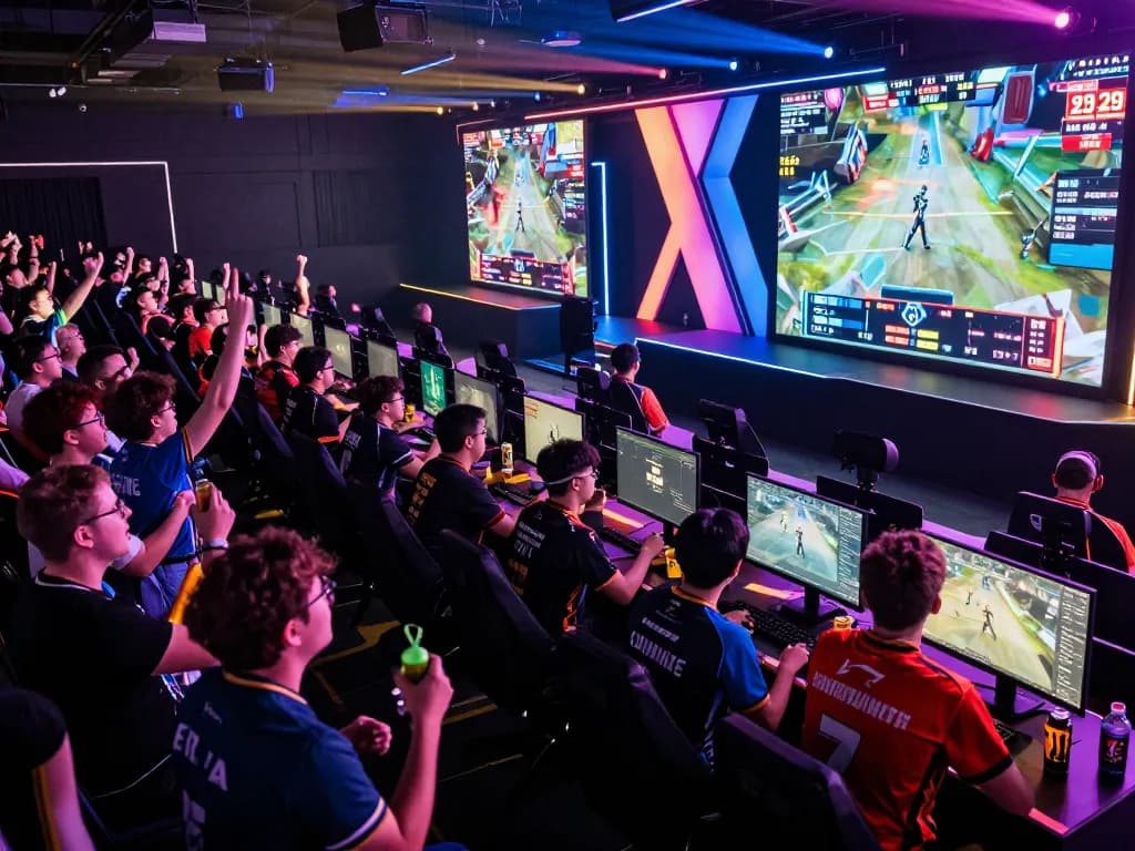 Exciting esports arena with fans cheering and players competing at GA179 event