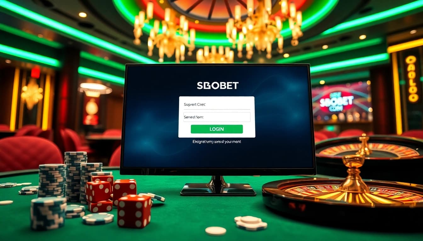 Engaging SBOBET link login interface amidst classic casino elements for online gambling.