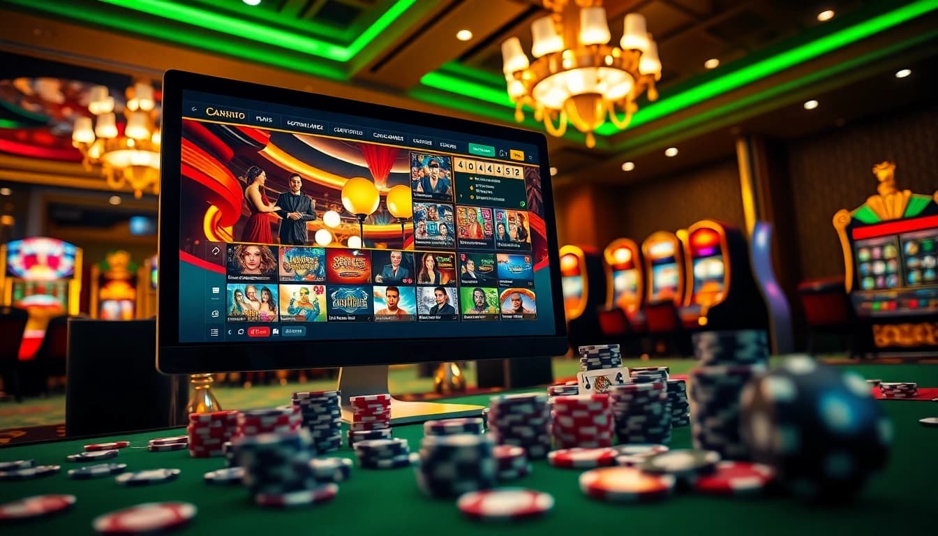 Experience the excitement of king garuda138 with vibrant online casino elements featuring poker chips and slot machines.