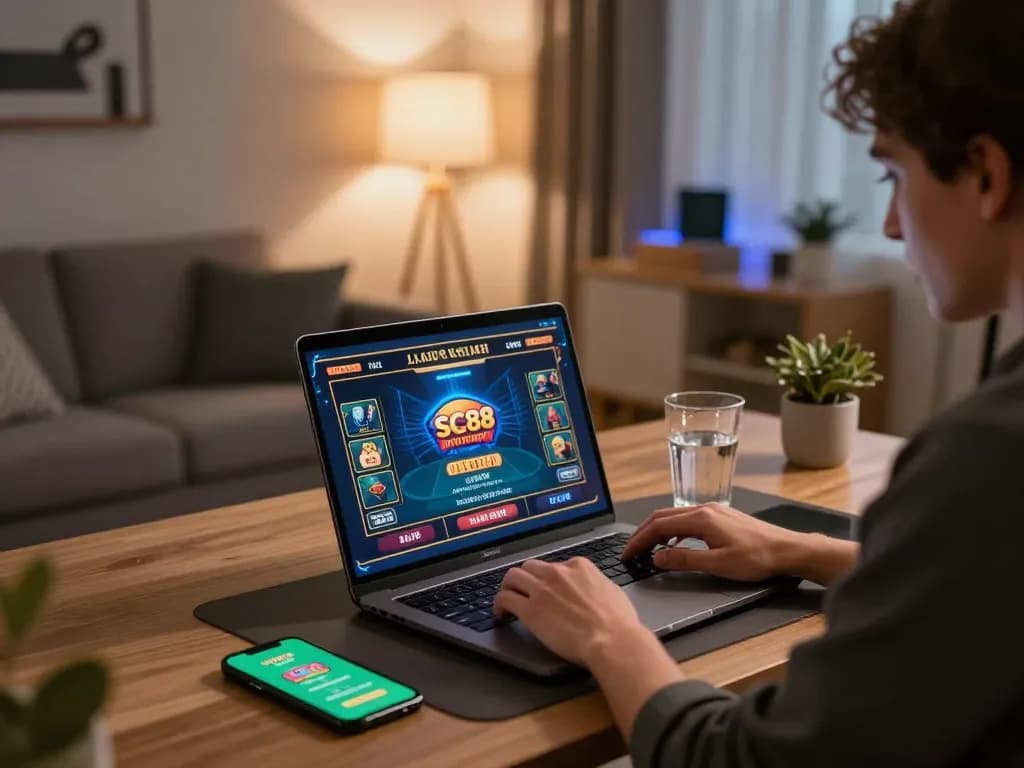 Player engaging with SC88 online casino app on laptop in cozy home gaming setup.
