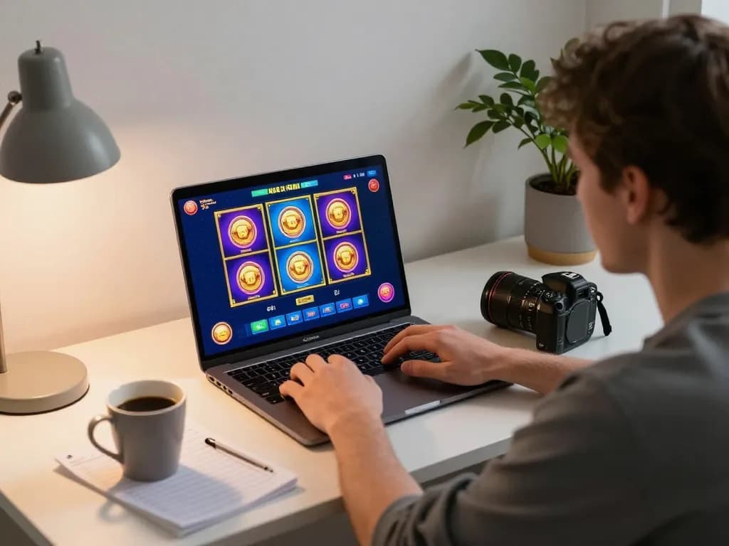 Pemain yang terlibat dengan situs slot online di laptop, menampilkan pengaturan permainan modern dan permainan strategis.