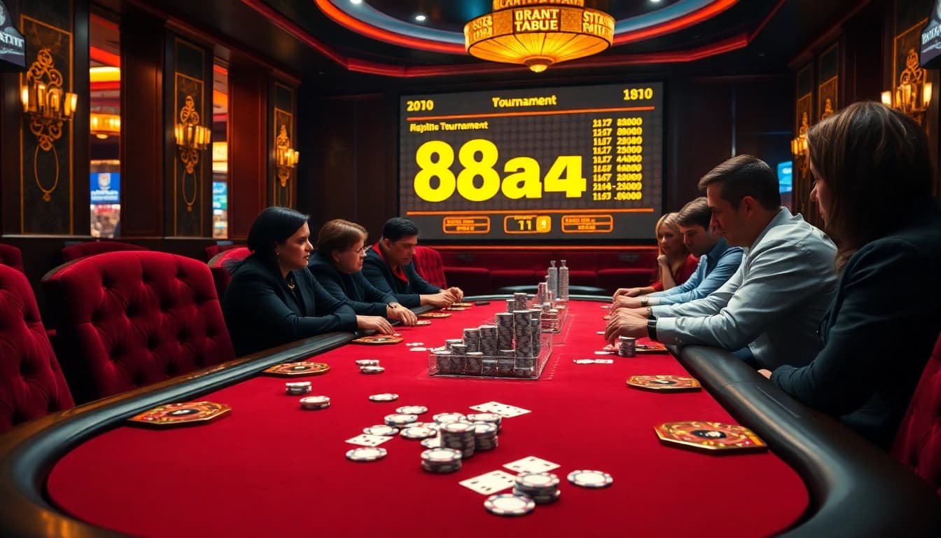 Intense poker action at a casino table highlighting 88aa with luxury and excitement.