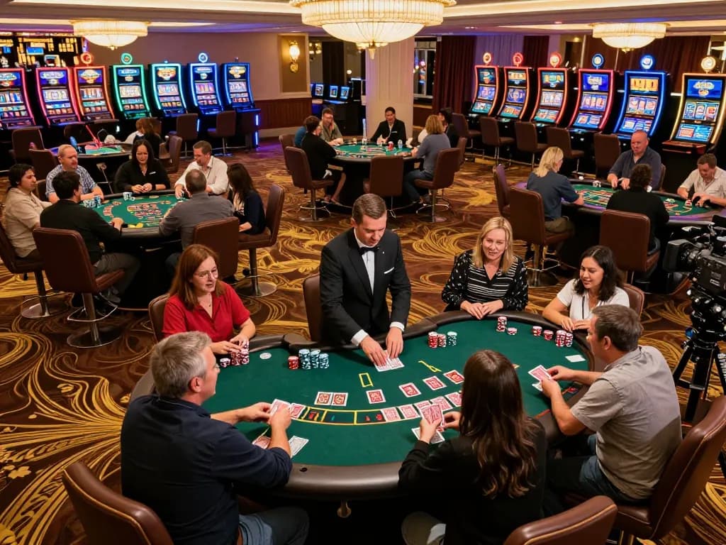 Players strategically engaging in blackjack at a busy casino floor highlighting 888VI gaming experience.