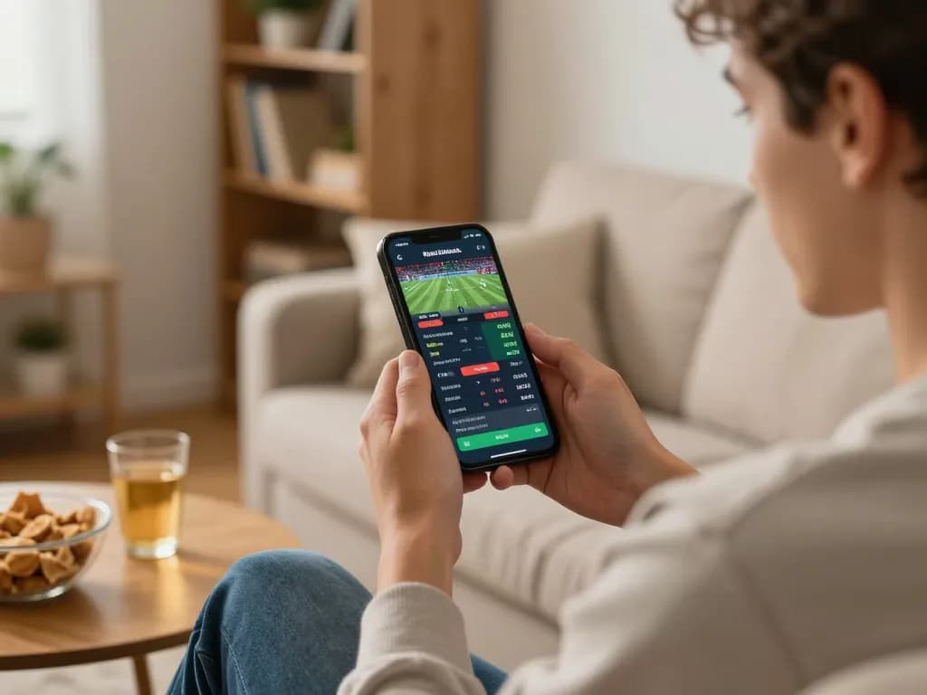 Engaged sports bettor using a smartphone app to check live odds, hoorayblog inspiring responsible gaming