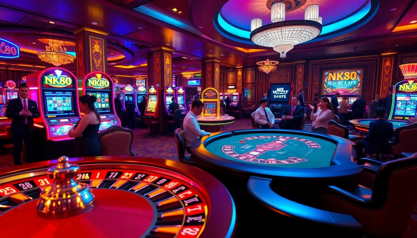 Players enjoying exciting casino games at NK88, featuring poker tables and slot machines.