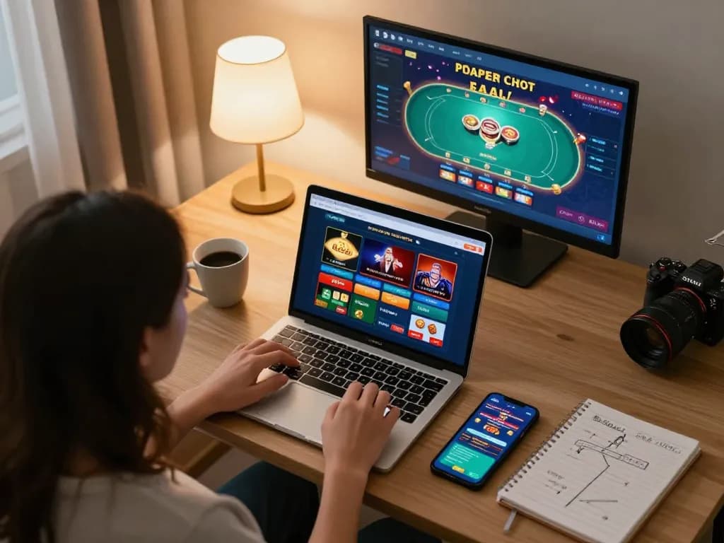 Engaging online casino gaming session at home, showcasing 789f ink choices on laptop with detailed poker graphics, highlighting strategic play.