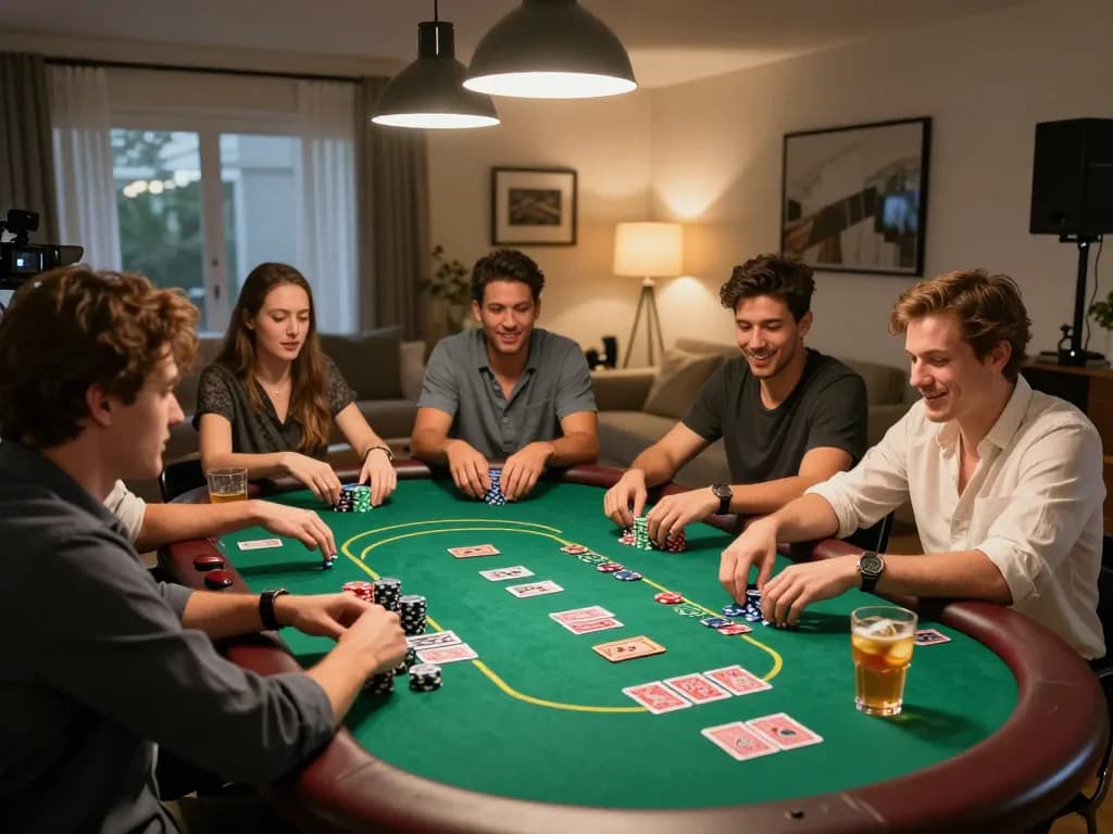 Friends playing poker at home, creating a lively and strategic atmosphere with RR88 gaming elements.
