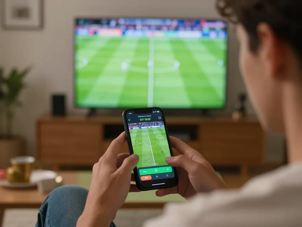 Soi kèo sports betting action with a person analyzing live odds on a smartphone in a cozy living room